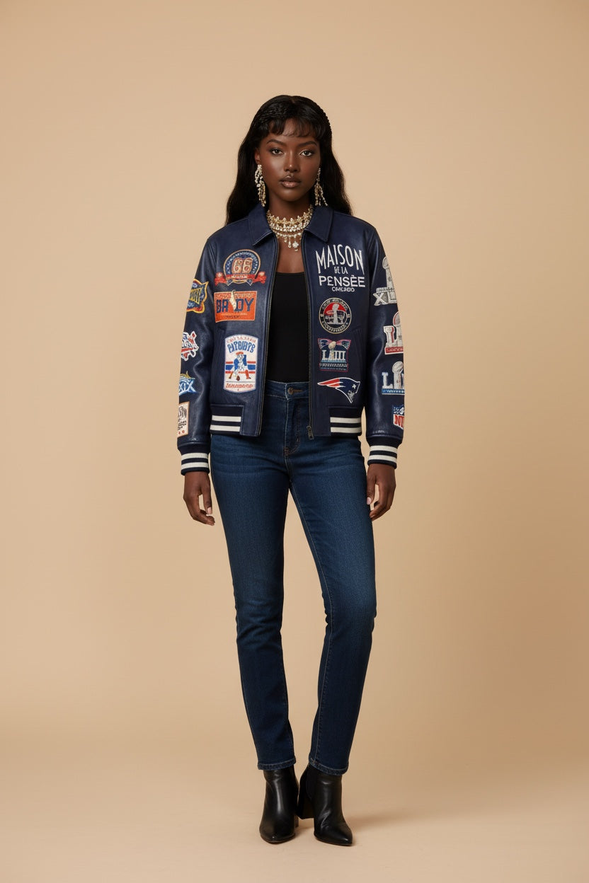 Maison de la Pensée New England heritage leather jacket on female model