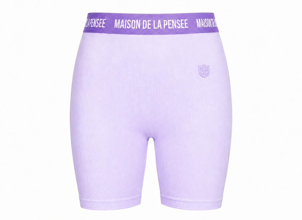 Lavender Maison Femme ribbed biker shorts with branded waistband and MDLP shield.