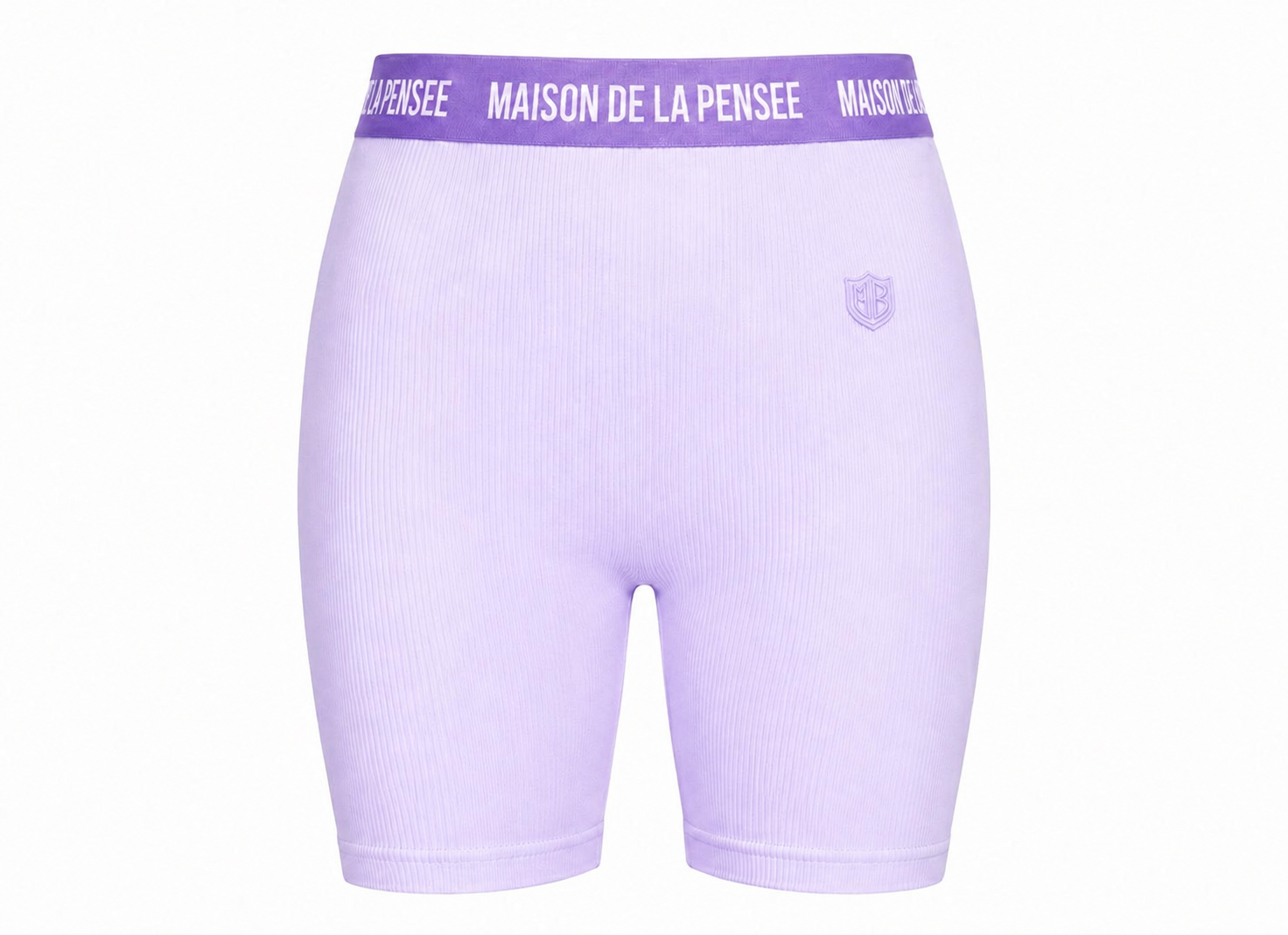 Lavender Maison Femme ribbed biker shorts with branded waistband and MDLP shield.