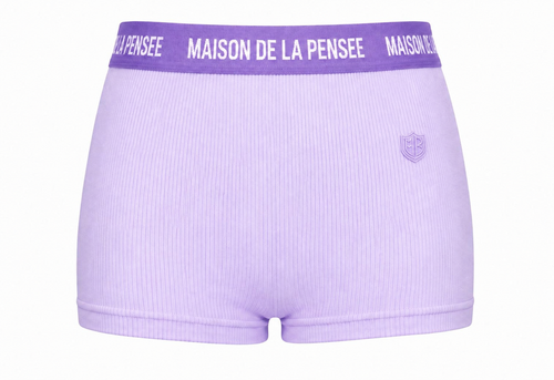 Lavender Maison Femme ribbed boy shorts with branded waistband and MDLP shield.