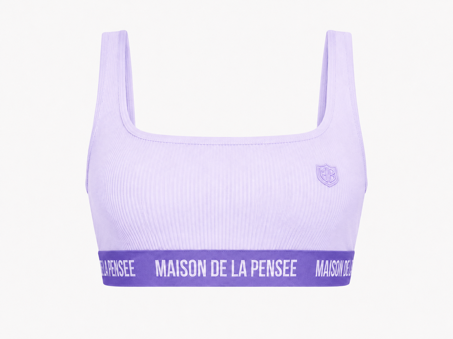 Lavender Maison femme ribbed bra top with MDLP shield and branded band.