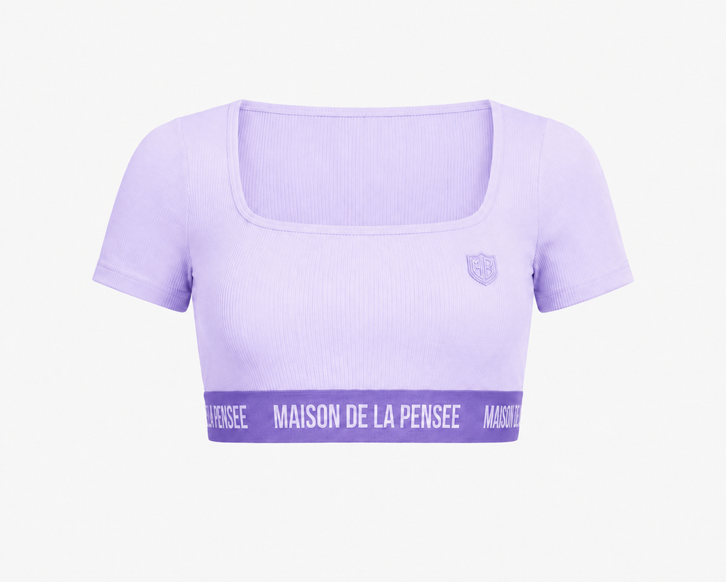 Lavender Maison Femme ribbed crop top with MDLP shield and branded band.