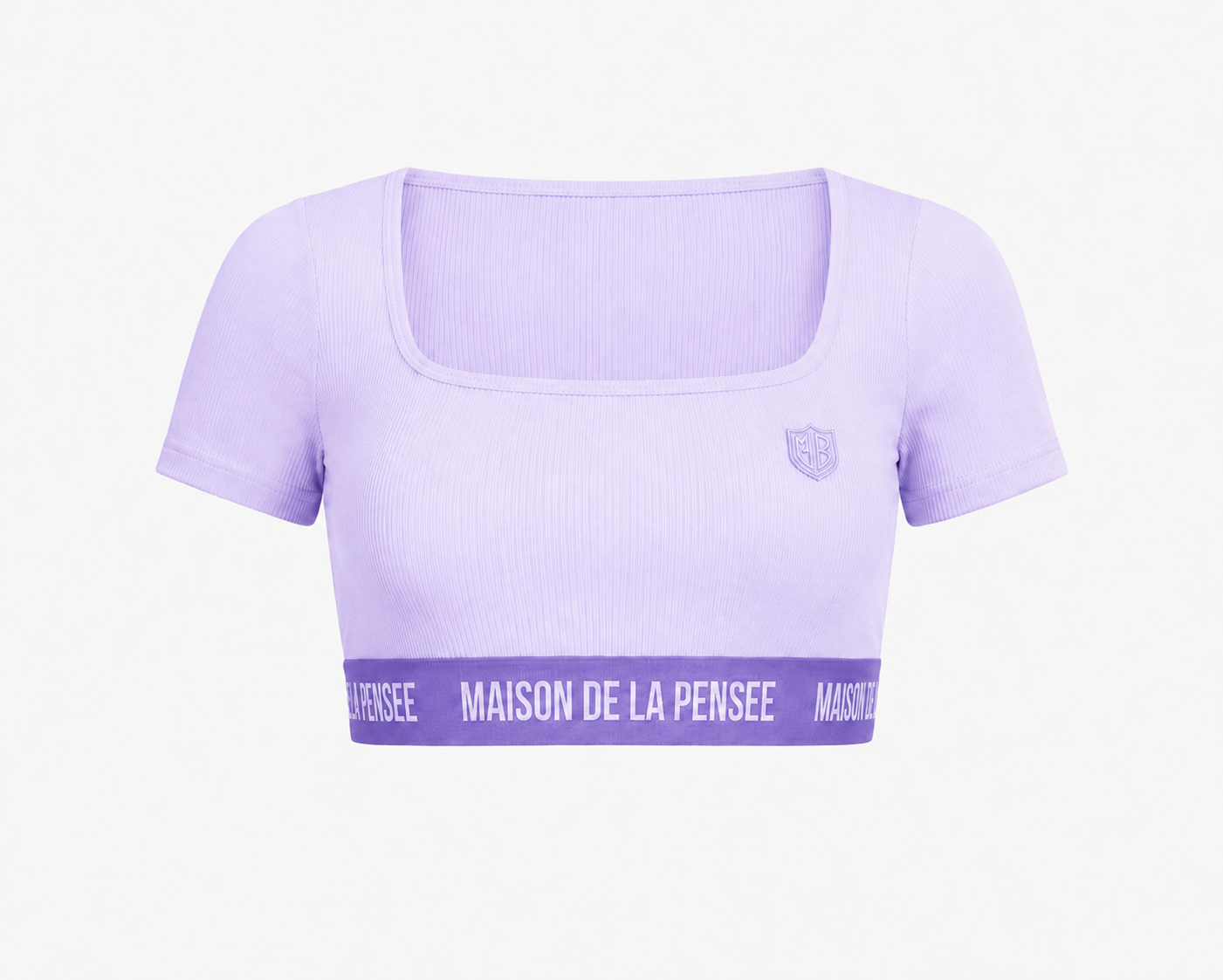 Lavender Maison Femme ribbed crop top with MDLP shield and branded band.