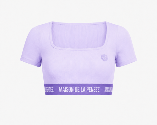 Lavender Maison Femme ribbed crop top with MDLP shield and branded band.