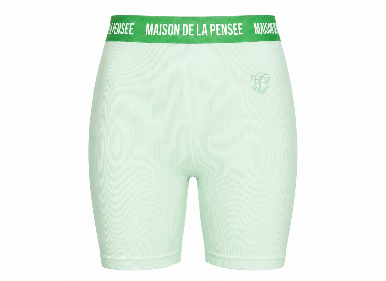 Mint Maison Femme ribbed biker shorts with branded waistband and MDLP shield.