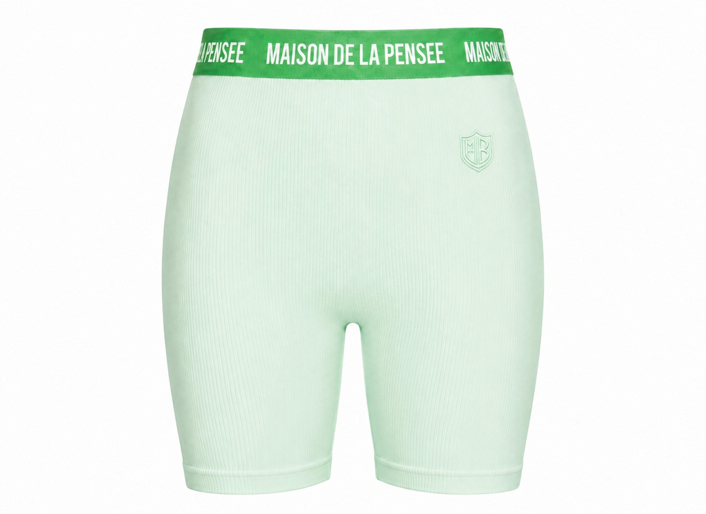 Mint Maison Femme ribbed biker shorts with branded waistband and MDLP shield.
