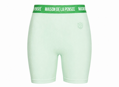 Mint Maison Femme ribbed biker shorts with branded waistband and MDLP shield.