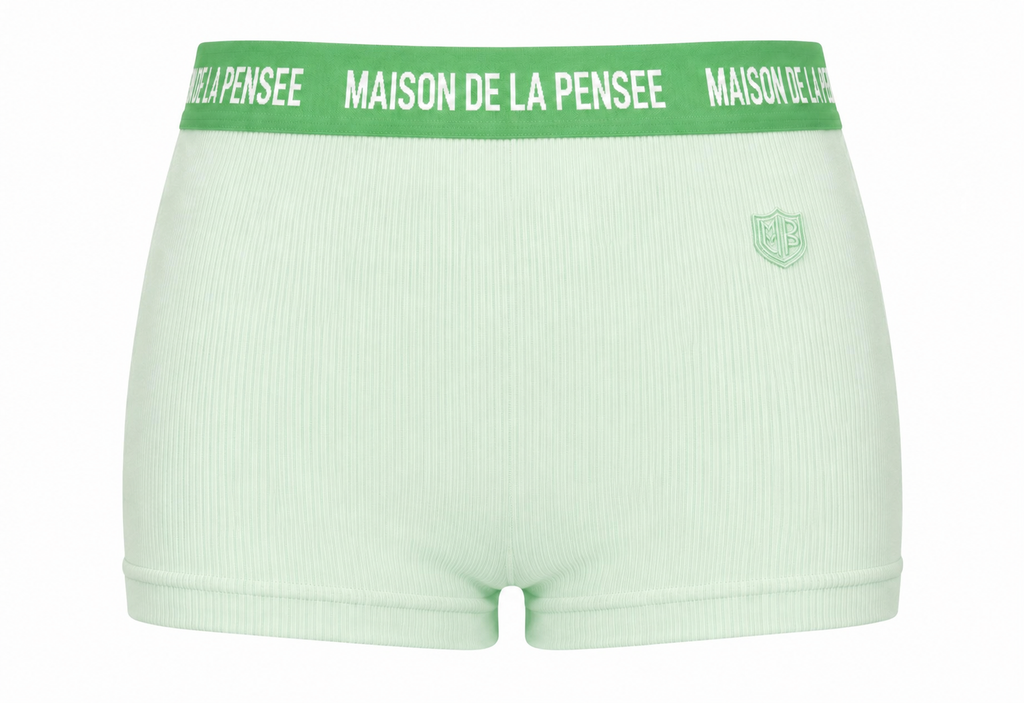 Mint Maison Femme ribbed boy shorts with branded waistband and MDLP 
shield.
