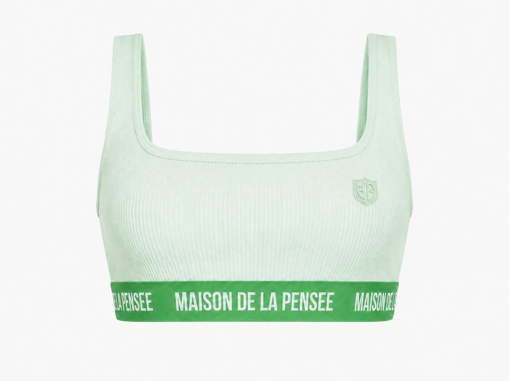 Mint Maison femme ribbed bra top with MDLP shield and branded band.