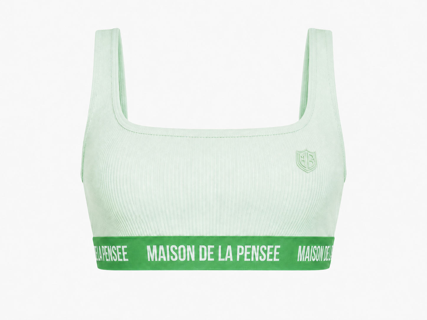Mint Maison femme ribbed bra top with MDLP shield and branded band.