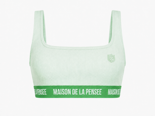 Mint Maison femme ribbed bra top with MDLP shield and branded band.