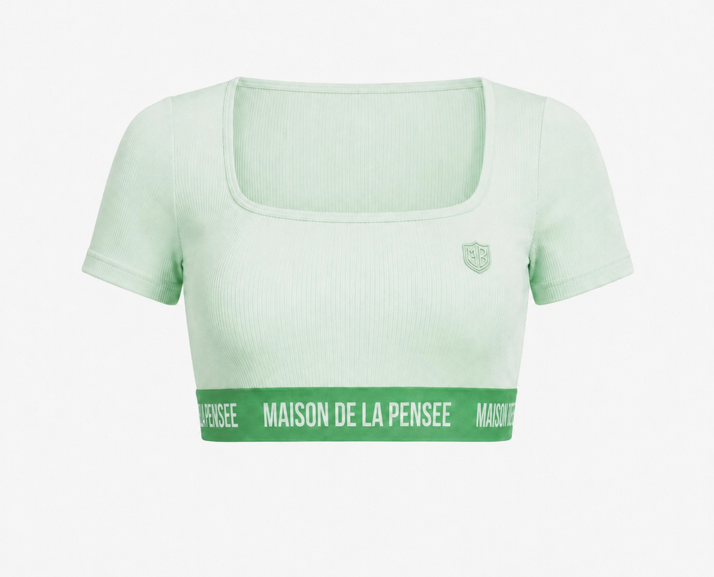 Mint Maison Femme ribbed crop top with MDLP shield and branded band.