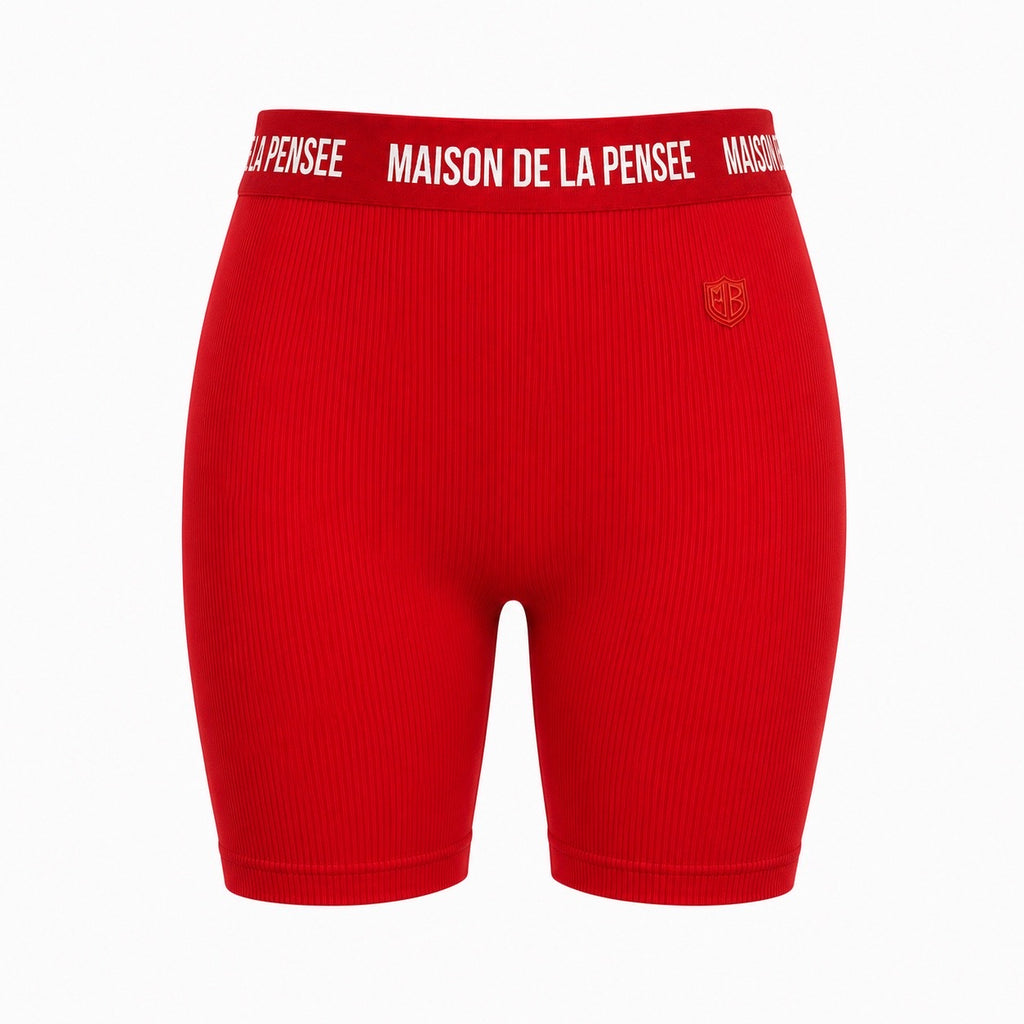 Red Maison Femme ribbed biker shorts with branded waistband and MDLP shield.