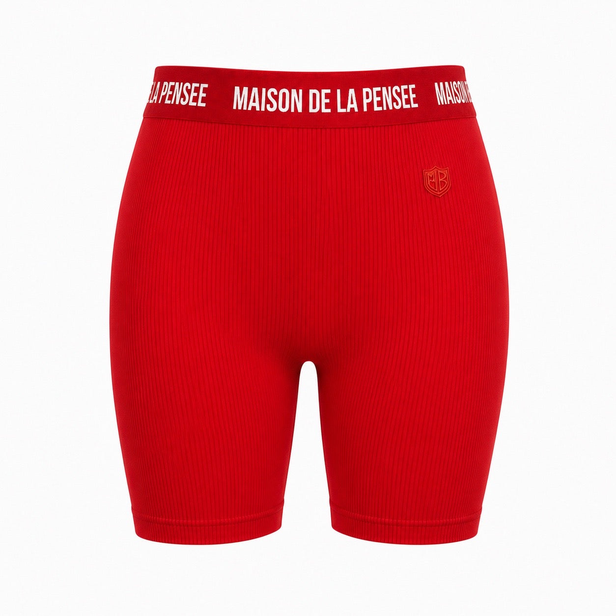 Red Maison Femme ribbed biker shorts with branded waistband and MDLP shield.