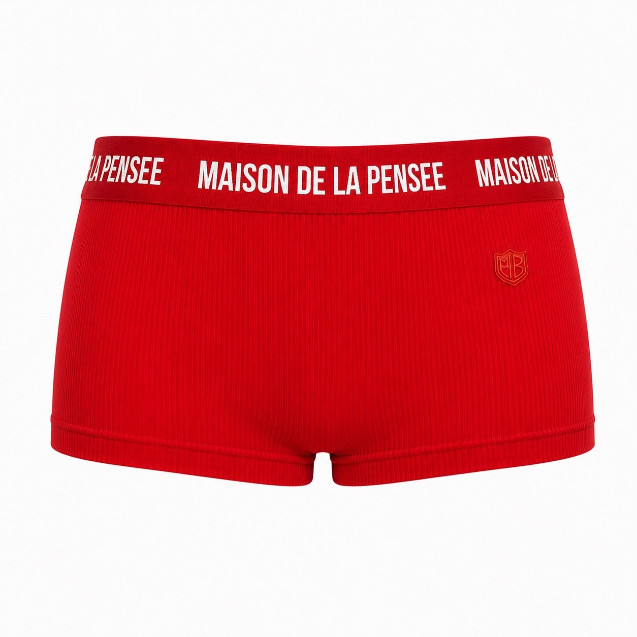 Red Maison Femme ribbed boy shorts with branded waistband and MDLP. shield.