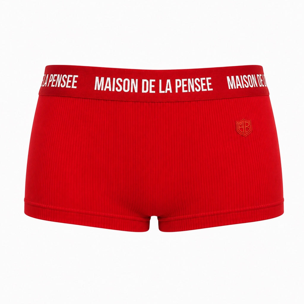 Red Maison Femme ribbed boy shorts with  branded waistband and MDLP shield.
