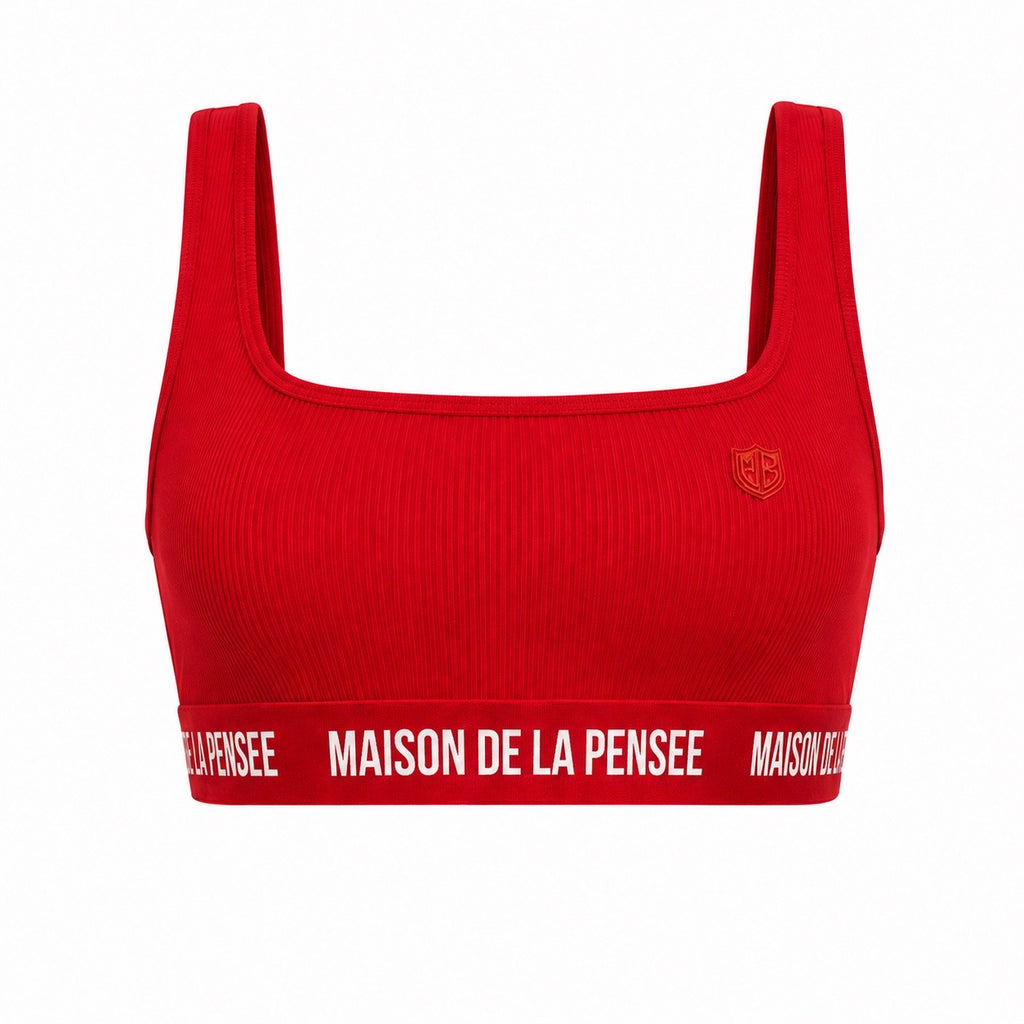 Red Maison femme ribbed bra top with MDLP shield and branded band.