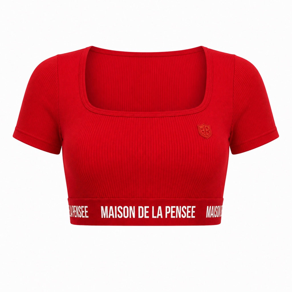 Red Maison Femme ribbed crop top with MDLP shield and branded band.
