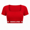 Red Maison Femme ribbed crop top with MDLP shield and branded band.