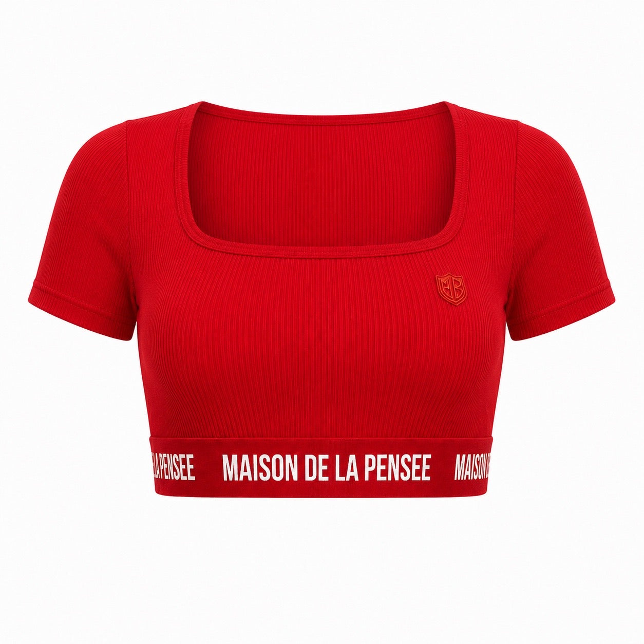 Red Maison Femme ribbed crop top with MDLP shield and branded band.
