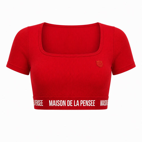 Red Maison Femme ribbed crop top with MDLP shield and branded band.