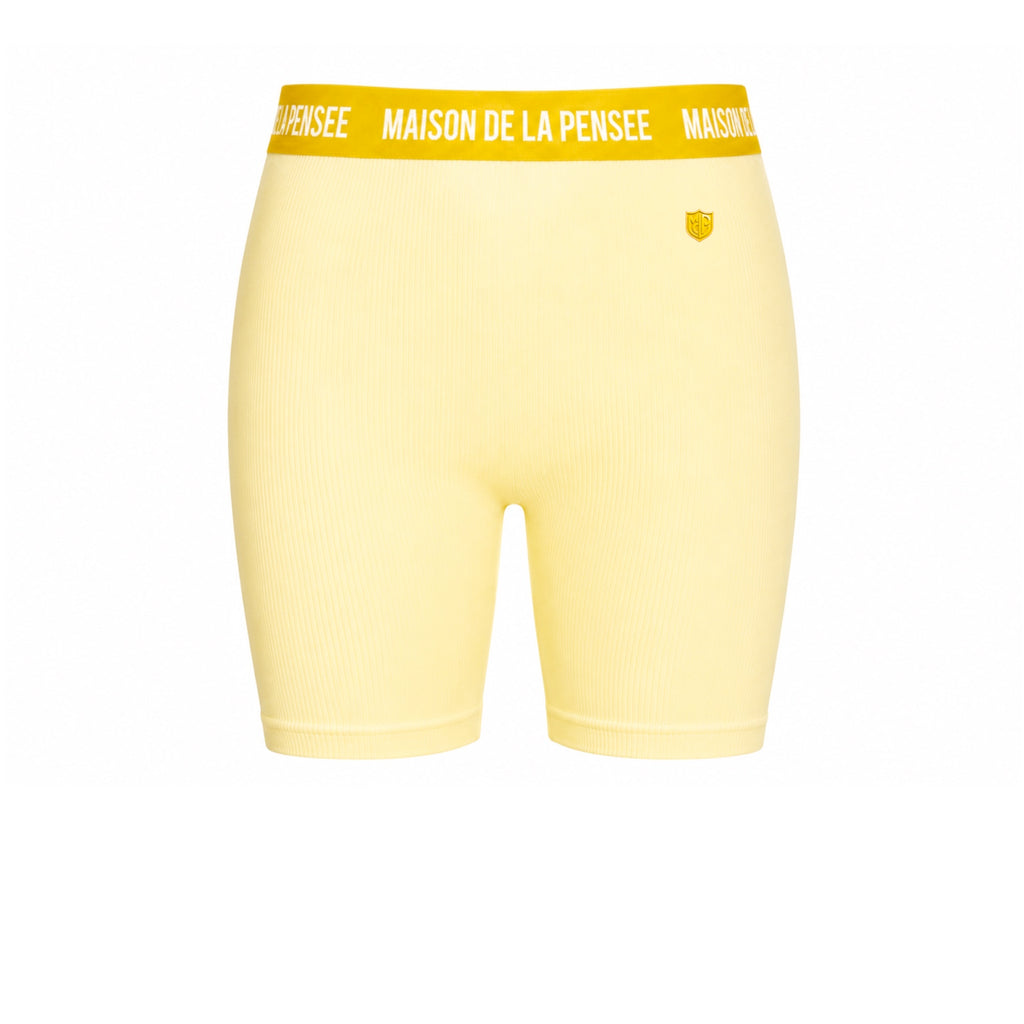 Yellow Maison Femme ribbed biker shorts with branded waistband and MDLP shield.