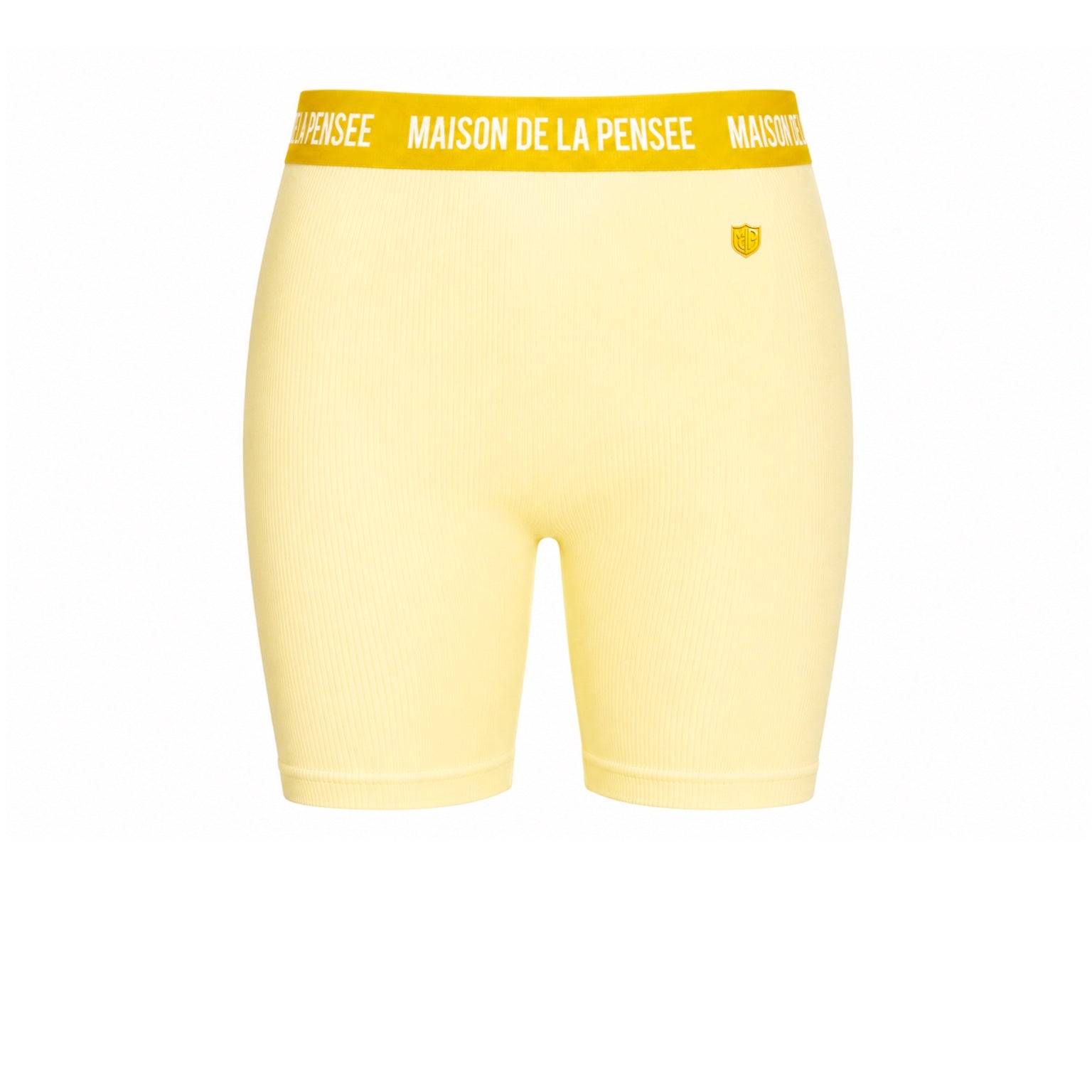 Yellow Maison Femme ribbed biker shorts with branded waistband and MDLP shield.