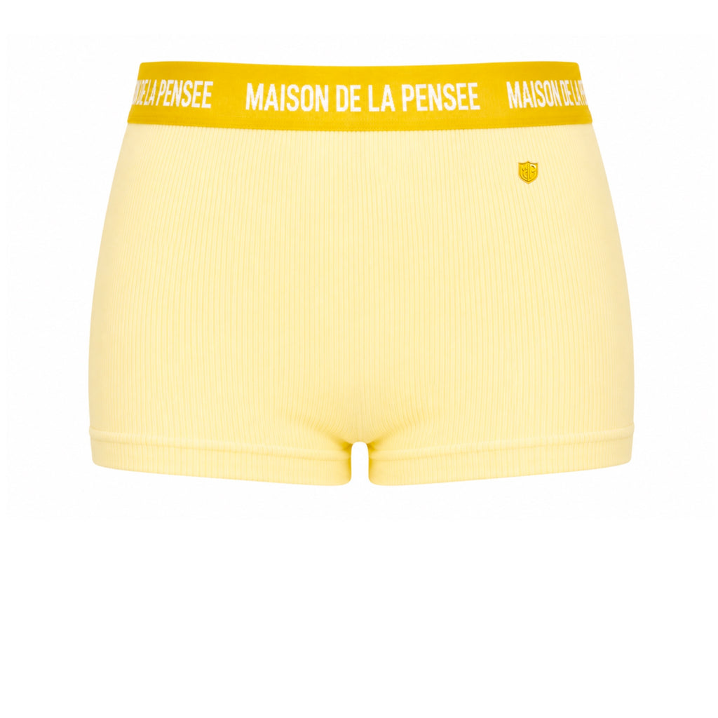 Yellow Maison Femme ribbed boy shorts with branded waistband and MDLP shield.