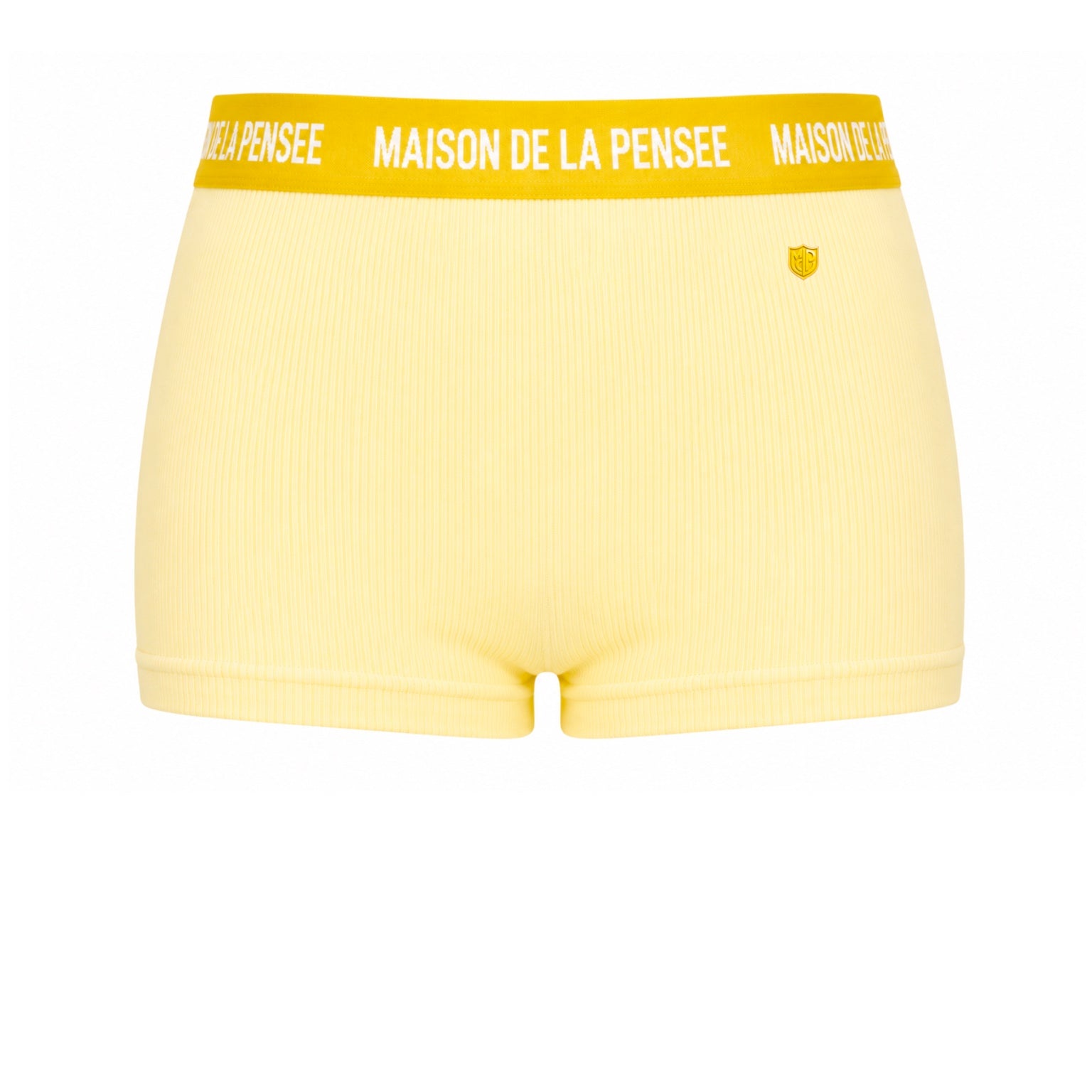 Yellow Maison Femme ribbed boy shorts with branded waistband and MDLP shield.
