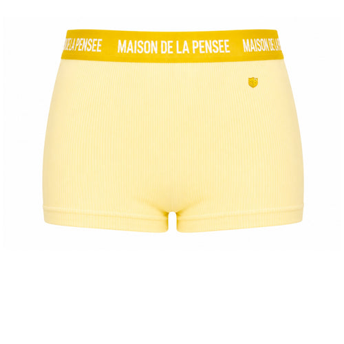 Yellow Maison Femme ribbed boy shorts with branded waistband and MDLP shield.