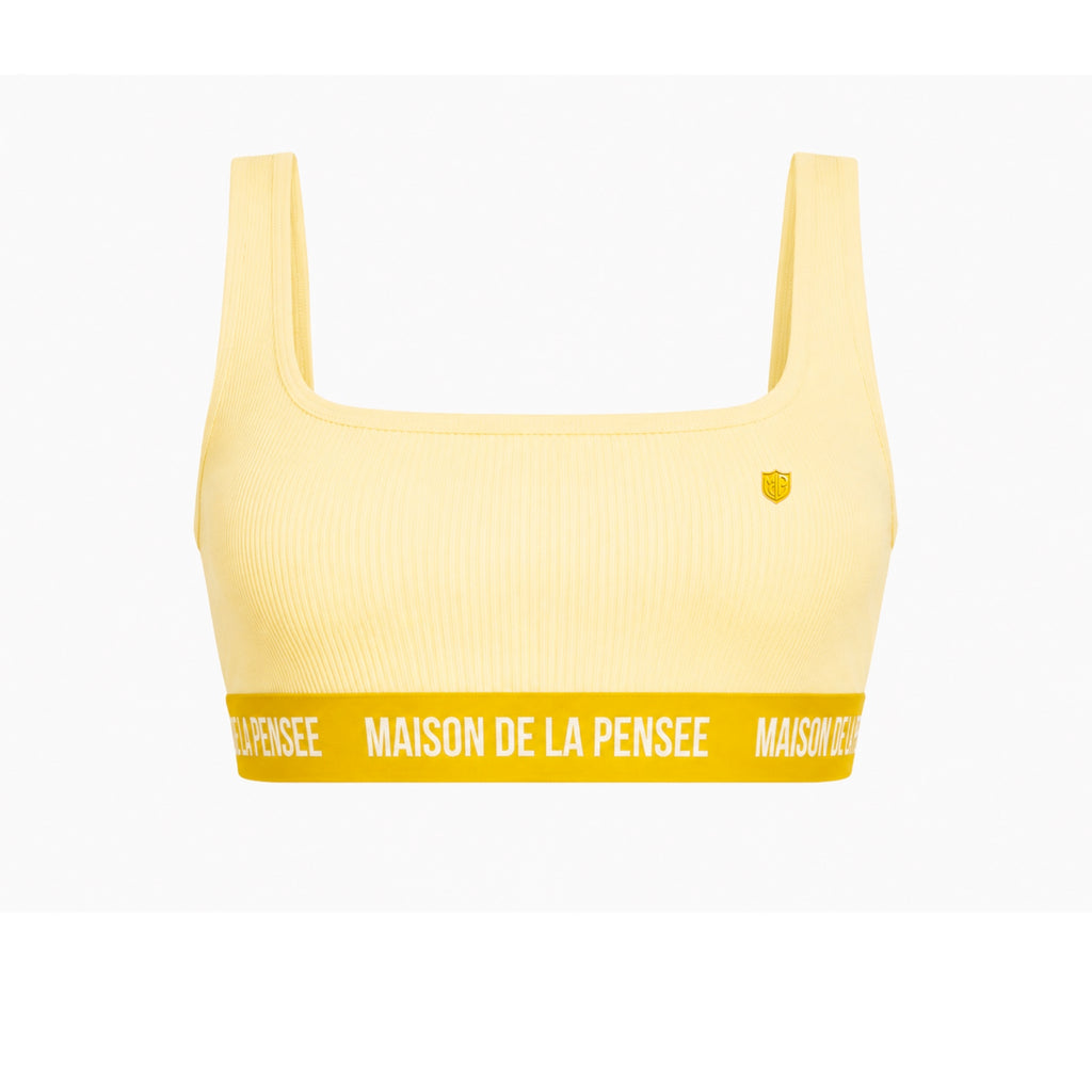 Yellow Maison femme ribbed bra top with MDLP shield and branded band.