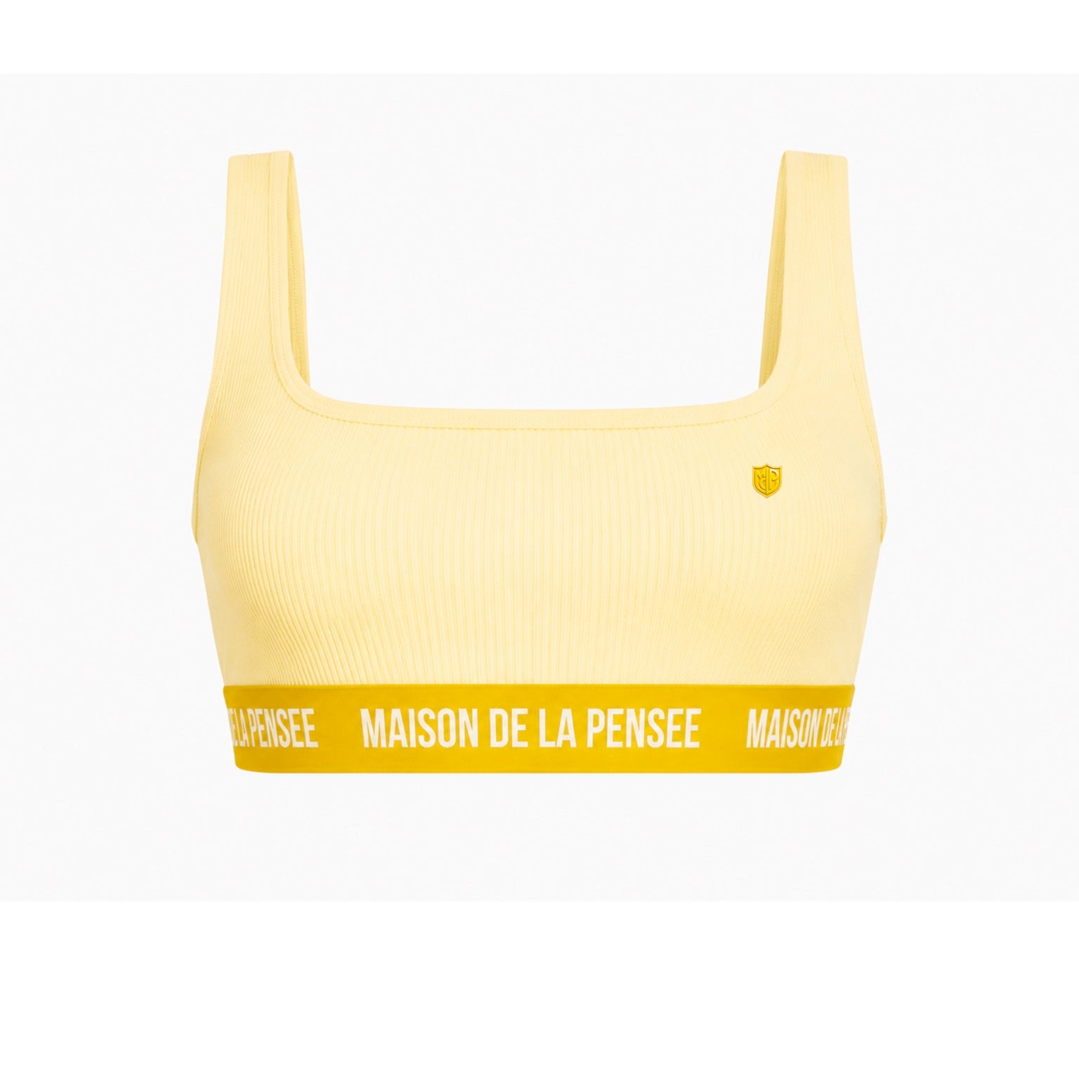 Yellow Maison femme ribbed bra top with MDLP shield and branded band.