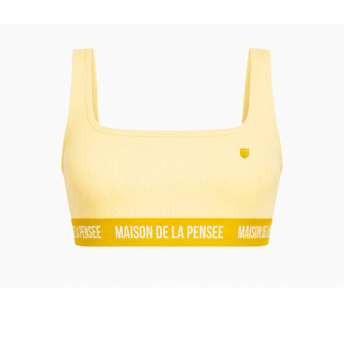 Yellow Maison femme ribbed bra top with MDLP shield and branded band.