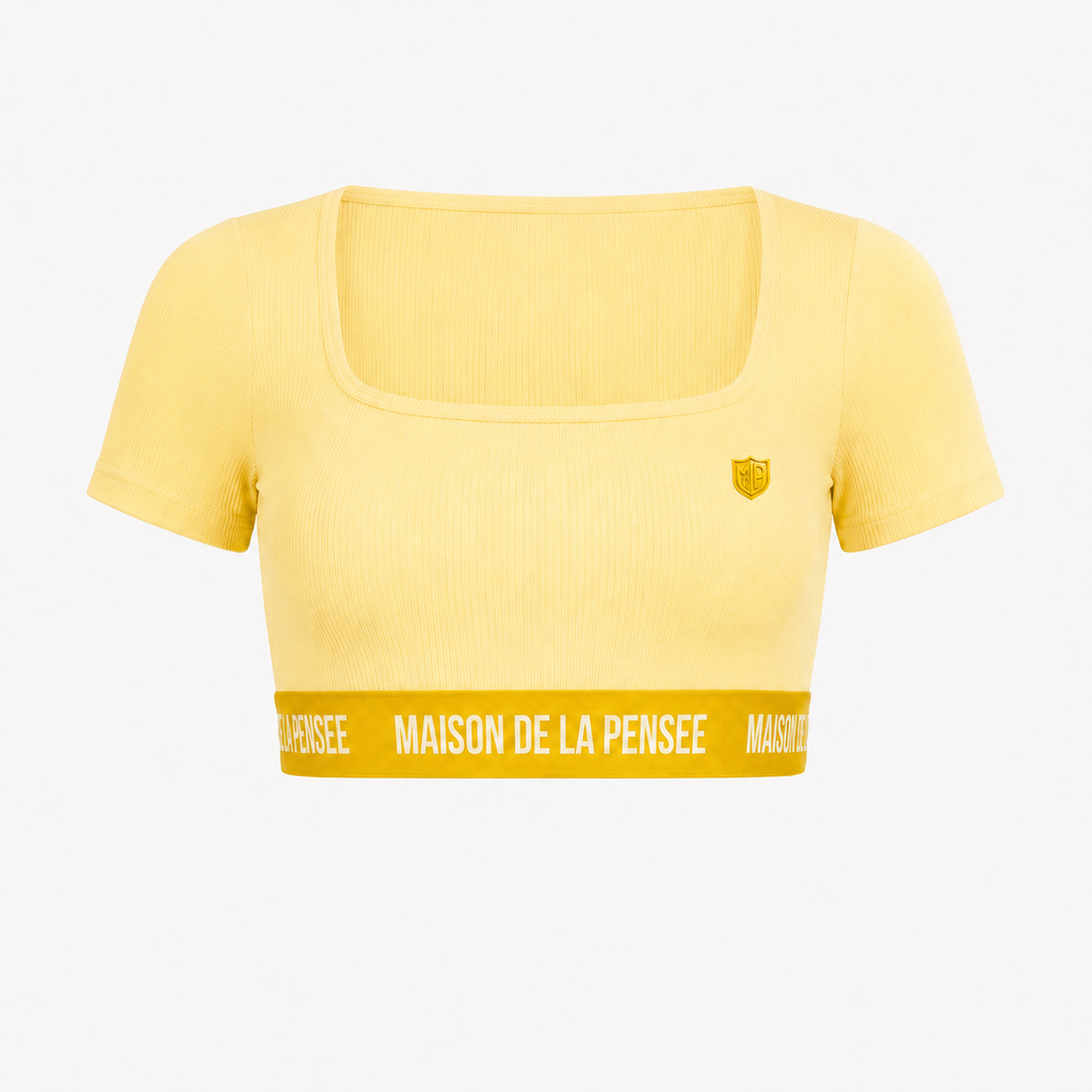 Yellow Maison Femme ribbed crop top with MDLP shield and branded band.