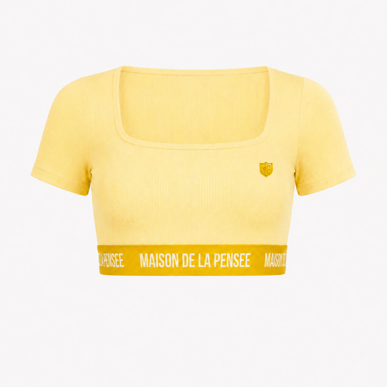 Yellow Maison Femme ribbed crop top with MDLP shield and branded band.